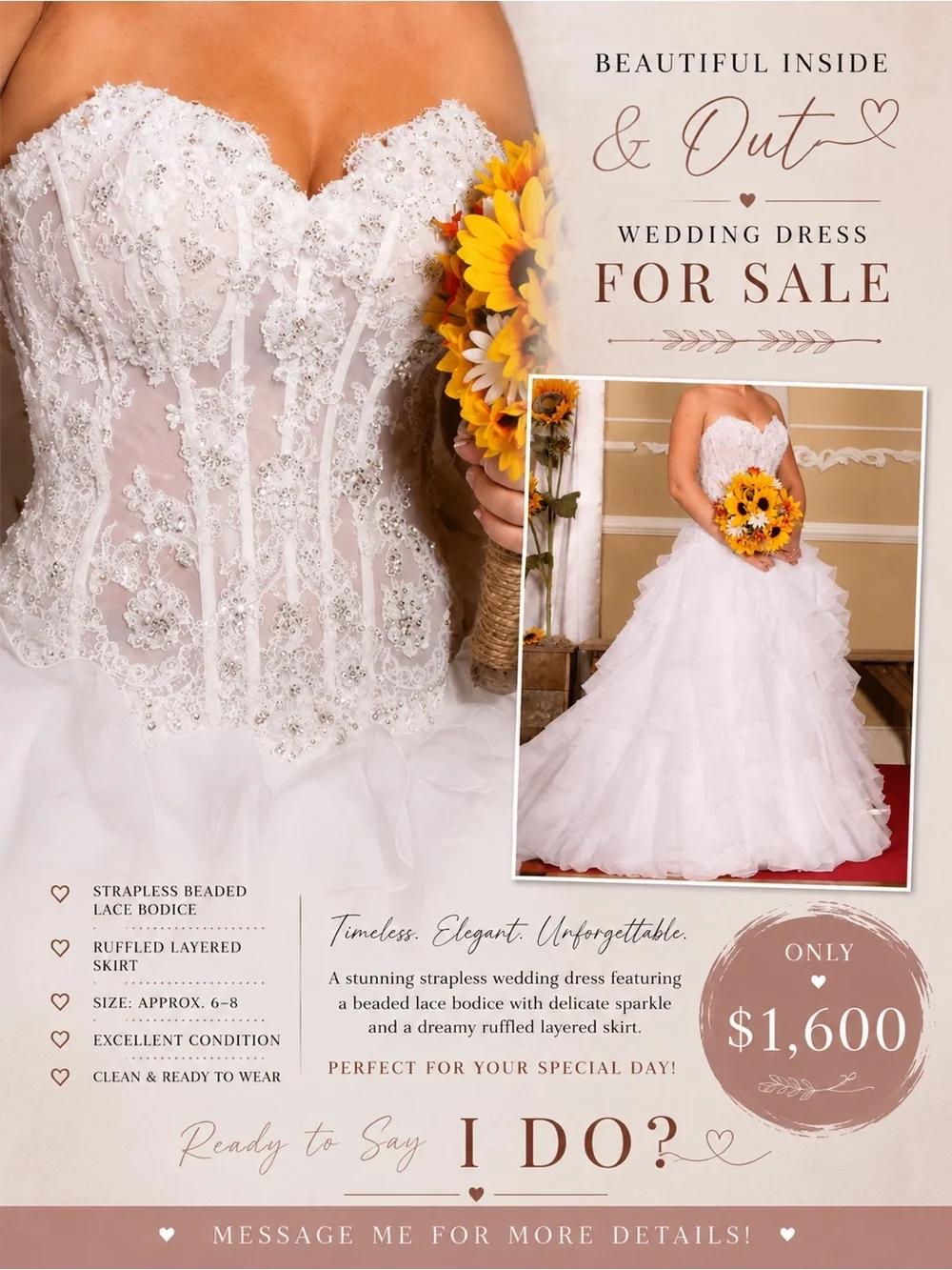 Oleg Cassini White Strapless Bridal Portrait with Sunflower Bouquet